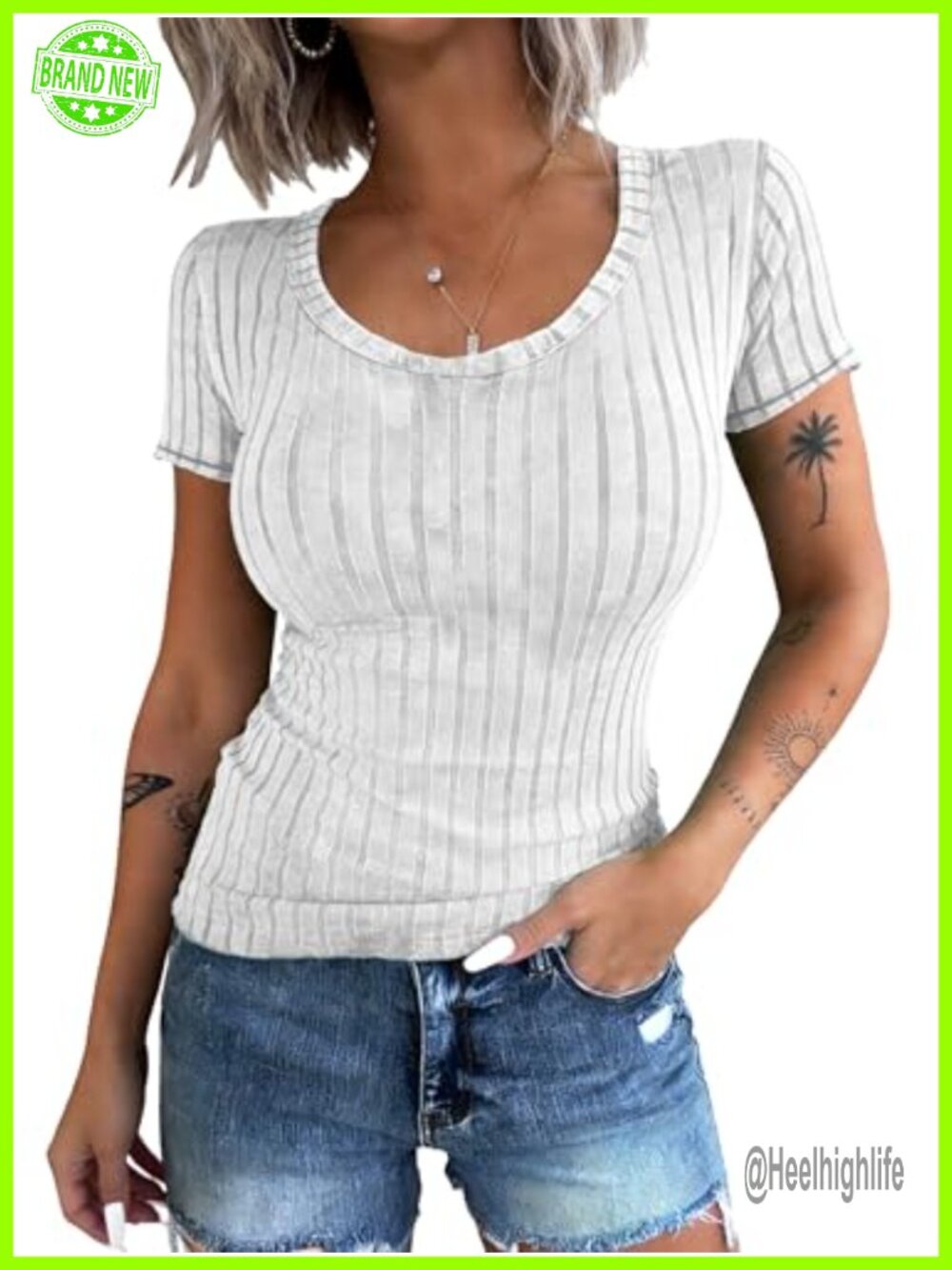 Ribbed Knit Scoop Neck Short Sleeve Slim Fit Tee Casual Summer Top